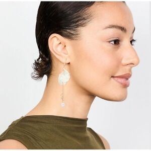 White Pearl Petal Stick Drop Gold Tone Rhinestone Earrings 3.5" NWOT